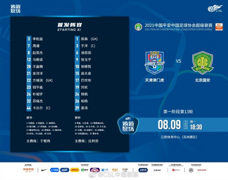 津门虎与国安首发揭晓