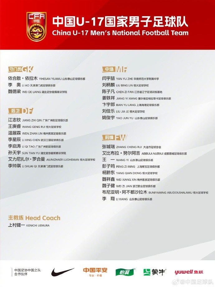 北青体育：三名U17国足落选球员留队合练